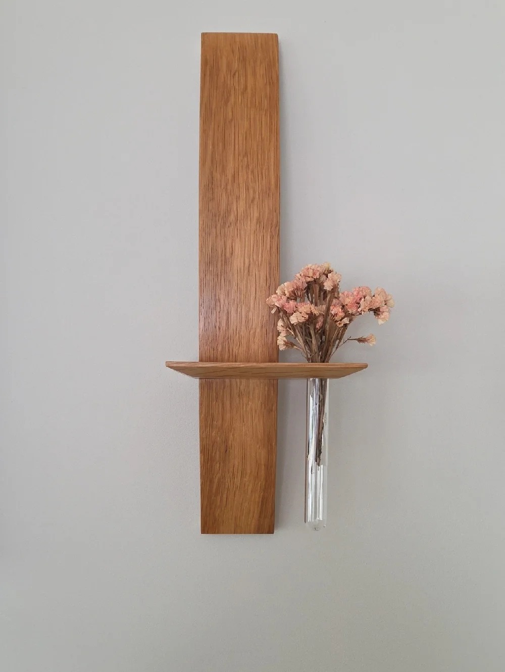 Solid Oak Wall Shelf with Glass Vase - Natural Brown